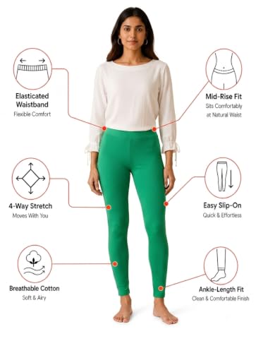 Image of Women's Cotton Lycra Ankle Length Leggings | Regular Rise, Soft 4 Way Stretch Fabric | Casual & Ethnic Wear