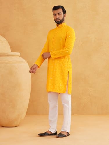 Image of SOJANYA (Since 1958 Men's Cotton Embroidered Sequinned Kurta with white Churidaar Pyjama