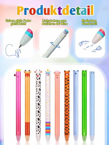 GutSache 9er Set radierbare Gelstifte mit thermoempfindlicher Radiertinte, Radierbar Tintenroller 0,7mm, Tintenfarbe Blau mit Cartoon Tiermotiven, Erasable Pen Set für Schulsachen Bürobedarf