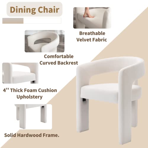 Image of HNY Modern Barrel Kitchen & Dining Room Chairs Set of 3, Velvet Upholstered Accent Chairs with Arm, 18.5'' Wide Side Armchair Vanity Chair for Living Room Bedroom Makeup Small Spaces, Ivory
