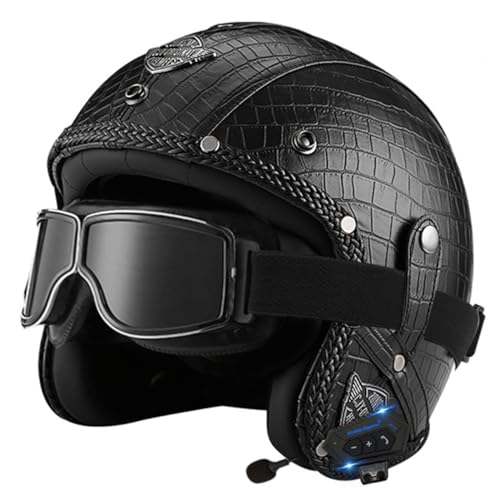 Leather Vintage Style Motorcycle Open Face Helmet With Bluetooth DOT/ECE Approved Half Face Motorbike Crash Helmet For Adults Men Women With Goggles Skull Cap Jet Style Helmet 7,L:59-60CM