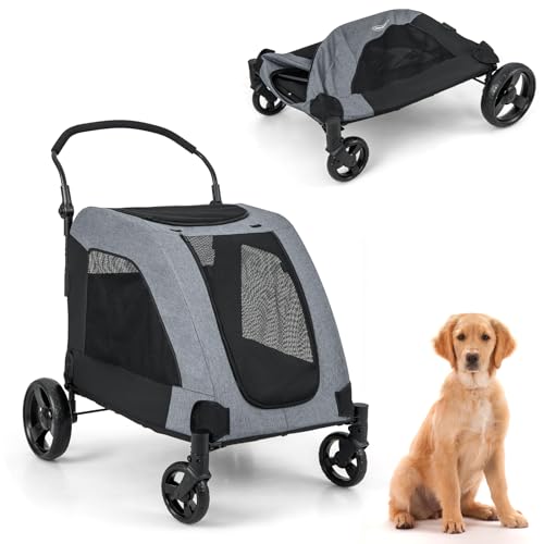 COSTWAY Passeggino 98 x 67 x 121 cm per Cani di Taglia Media e Grande, Passeggino Pieghevole per Animali a 4 Ruote con Porta Anteriore, Lucernario, Maniglia Regolabile e Ruote Ammortizzate