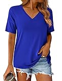 POKWAI Womens T Shirts Short Sleeve V Neck Casual Loose Fit Basic Tee Tunic Tops Shirts Summer Tops for Women 2023(Royal Blue,Large)