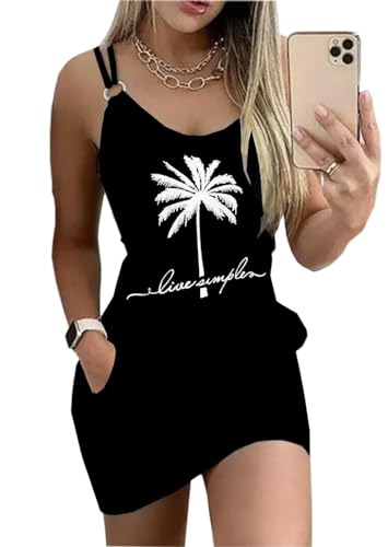 Image of Live Simple Coconut Tree Color Block Pocket Mini Dress Women Summer Beach Sleeveless Strap Tshirt