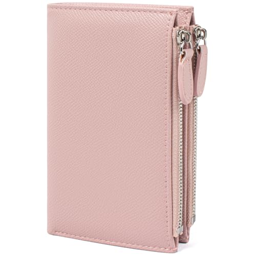 KOTORA Carteira pequena feminina de couro com bloqueio de RFID, dobrável, bolso para moedas, porta-cartões, bolsa minimalista, Médio-rosa, Dobrável