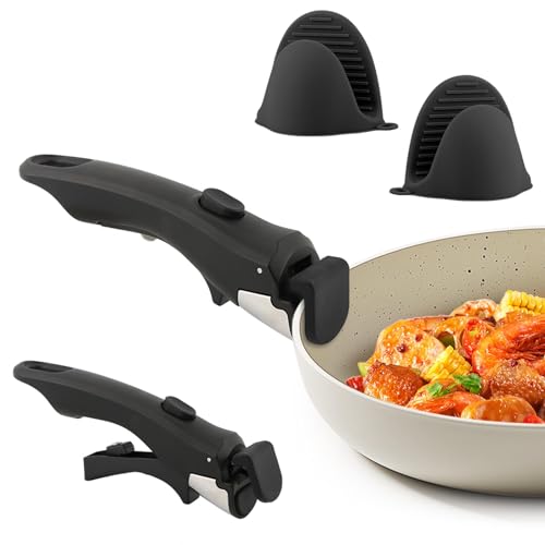 Universal Detachable Pan Handle One-Click Cookware Handle with 2 PCS Silicone Oven Mitts Heat-Resist for Pots & Pans Ergonomic Clip-On Handle for Most Vertical-Edged Cookware(Color:Black)