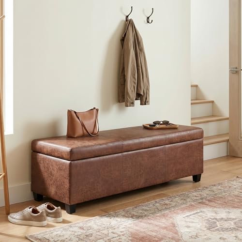 Image of SIMPLIHOME Avalon 48 inch Vegan Leather Ottoman in Distressed Pecan Brown