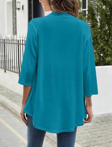 Image of Yekaty Women Cardigan 3 /4 Sleeves Open Front Lightweight Cardigan Draped Ruffles Knit Cardigan