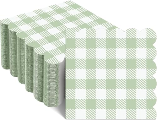 100 Pieces Scalloped Cocktail Napkins Plaid Thick Paper Napkins Disposable Scalloped Napkins Sage Green Napkins Perfect for Picnic Wedding Baby & Bridal Shower 5.9 x 5.9 Inches