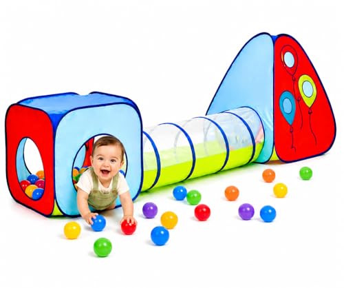 Kiddey Tunnel and Ball Pit Play Tent | 3pc Pop Up Toddler Gym Tunnels with Tents for Kids, Toddlers,...