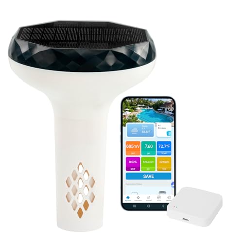 kactoily Solar Powered Smart Pool Water Monitor 6-in-1 Digital Tester with WiFi Gateway & App Tracks pH ORP Salinity TDS EC Temp for Saltwater & Chlorine Pools
