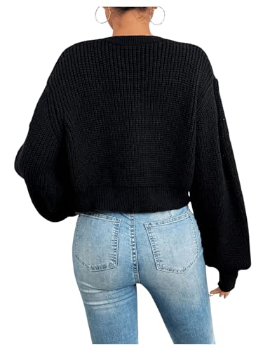 SHENHE Women's Button Down Lantern Sleeve V Neck Knitted Cropped Flower Cardigan Sweater2