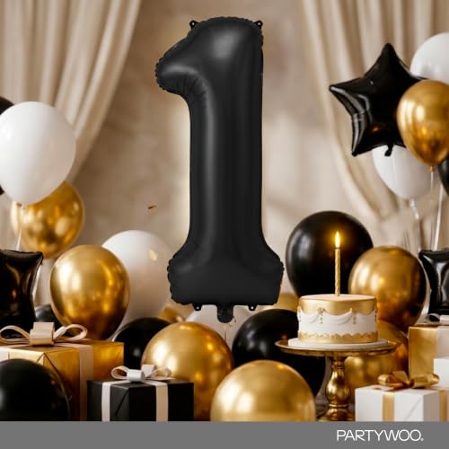 Image of PartyWoo Black Number 1 Balloon 40 Inch 25pcs Black Foil Star White Gold
