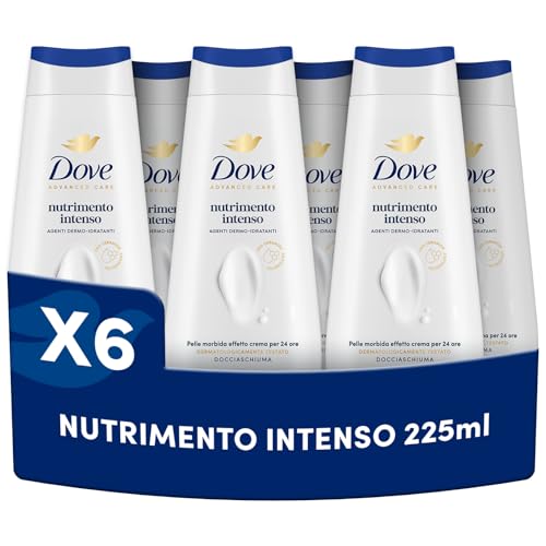 Dove Bagnoschiuma Nutrimento Intenso, Bagnodoccia Idratante, Formula Delicata sul Microbioma della Pelle, con Agenti Idratanti Vegetali, Senza Solfati SLES, Bagnodoccia Uomo e Donna, 6 Pezzi da 225 ml