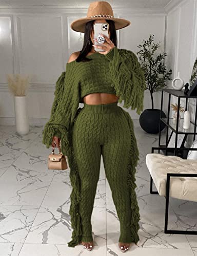 Image of Angsuttc Sweater Sets for Women Knitted Tassels 2 Piece Outfits Solid Long Sleeve Cropped Sweaters and Pants Set