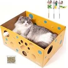 Pawise Heavy Duty Cardboard Cat Scratcher Box with 2 Refillable Scratcher Pads & Peekaboo Holes Large Cat Scratch Box for Indoor Cats + Bonus Cat Toy Wand