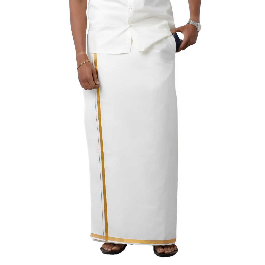 All Size Adjustable Velcro White Cotton Pocket Dhoti with Gold Jari Border for Men (28 to 44 Inches)-picture-12