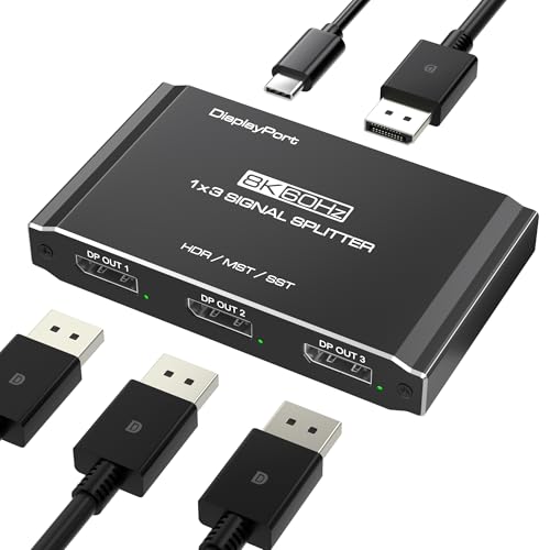 DisplayPort Splitter 1 in 3 Out 8K@60Hz DSC Triple Display MST Hub DisplayPort Multi-Monitor Adapter Extended/Mirror Mode for Desktops/Graphics Cards (AMD/Intel) for HP/Dell/Mini PC
