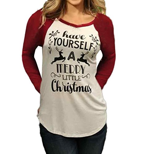 FAPIZI ♥ Women Blouse Women Long Sleeve Christmas Elk Reindeer Letter Printed T-Shirt (M, White)