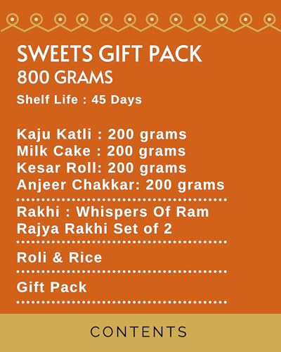 Image of HYPERFOODS House of Treats Rakhi With Sweets Gift Pack Sweets Indian Mithai Pack of 4 Kaju Katli Milk Cake Anjeer Chakkar Kesar Roll 200G each Whispers of Ram Rajya Rakhi Set of 2 With Roli & Rice