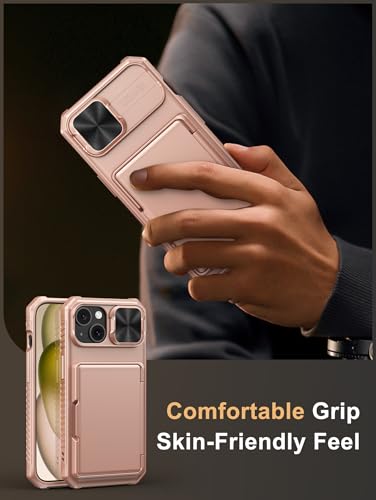 Image of Vihibii for iPhone 15, iPhone 14, iPhone 13 Back Cover Wallet with Card Holder (4 Cards) [RFID Blocking] & Slide Camera Cover & Raised Edges Protect Screen, Shockproof Rugged Case, 6.1 inch, Rose Gold