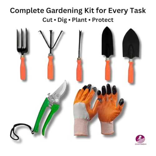 Image of Divayanshi 7 Pcs Gardening Tools Kit | Complete Garden Set with Gloves & Plant Cutter | Easy Grip, Lightweight & Durable Tools for Home Gardening