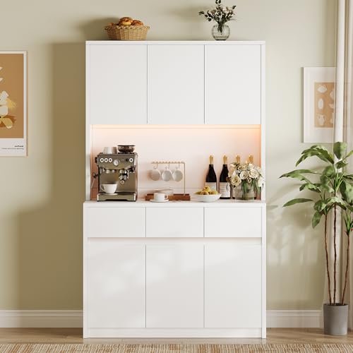 GarveeHome 71" Kitchen Pantry Cabinet, Kitchen Hutch Storage with Led Lights and Power Outlets, Buffet Cabinet with Microwave Stand, Adjustable Shelves, Handless Design, White