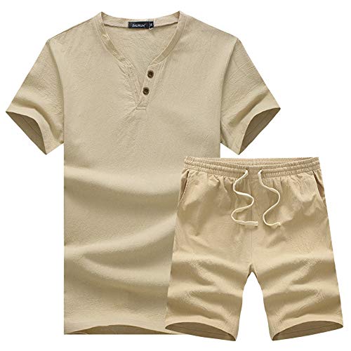 Mantors Men's 2 Piece Tracksuit Casual Button Down Short Sleeve Shirt And Shorts Suit 17Khaki-L #TOP6