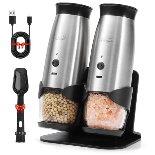 HETcogiz Electric Salt and Pepper Grinder Set with Safe Base, Durable Large Rechargeable Battery, Auto-Grind with Gravity Activation, Easy Use & Refill, Adjustable Coarseness with LED, Dust-Proof Lid