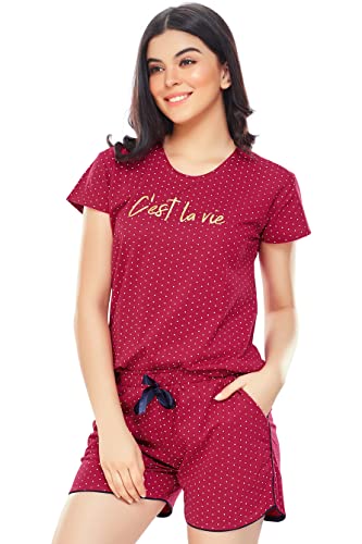 Image of ZEYO Women's Cotton Dot Printed Night Suit Set of Top & Shorts 5228