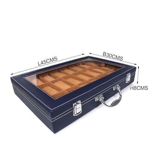 Image of LEDO Watch Box Organizer with 24 Slots, PU Leather Case, Transparent Display, Blue and Cream Interior, Metal Clasp Lock, Rectangular Storage for Men and Women