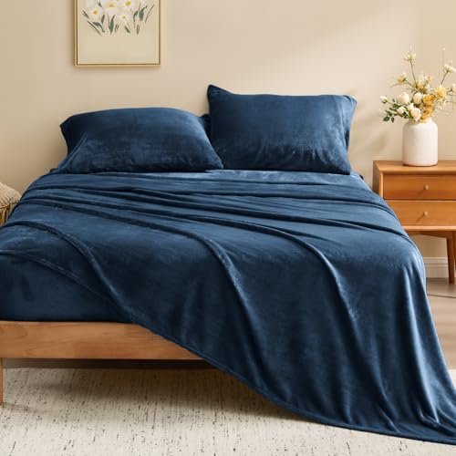 Image of BEDELITE Flannel Sheets Twin Size Navy - Super Soft Fleece Sheets Set Fluffy Extra Plush, 3 Piece(Include Fitted Sheet, Flat Sheet, 1 Pillowcase)