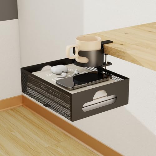 ZLLkeji organiseur de bureau avec Porte-Gobelet Boisson Bouteille Robuste Pince en C sans Perçage Rotatif 360° Anti-Déversement Porte Gobelet Bureau pour Bureau, Maison, l'école Accessoires Noir