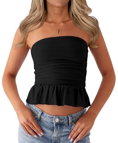 CSDAJIO Ruched Tube Tops for Women Double Lined Strapless Shirt Going Out Bubble Hem Ruffle Bandeau Top