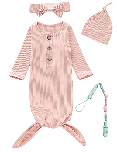 Image of MoryGooder Newborn Cotton Nightgowns Neutral Baby Knotted Sleeper Baby Coming Home Outfit