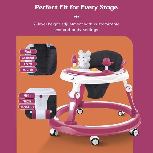 Image of StarAndDaisy Walker for Kids for 6 to 18 Months, Intergrated RGB Lights Baby Walker Boys & Girls with 7 Level Height Adjustment, Walker Baby with Switchable Food & Musical Toy Tray (Pink)