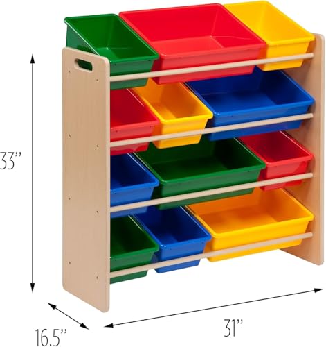 Image of Snazzy Primary Kids' Toy Storage Organizer with 12 Plastic Bins, (Beige)