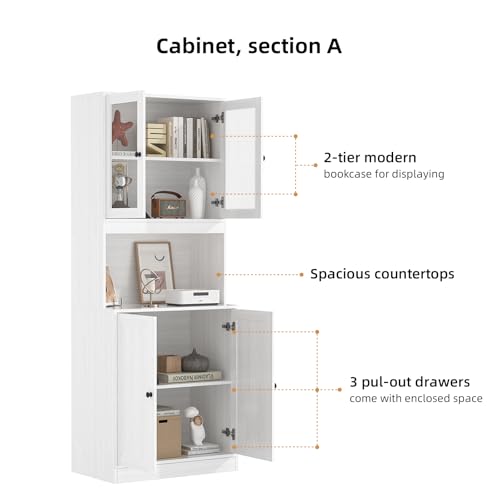 VOWNER 71\'\' Tall Pantry Cabinet, Kitchen Hutch Storage Cabinet, Buffet Hutch, China Cabinet with Glass Doors, 5-Tier Storage Cabinets for Dining Room, Kitchen, Living Room (White) - Thumbnail 6