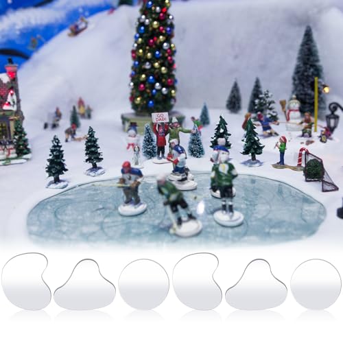 Sieral 6 Pcs Christmas Mirror Lake Landscaping Accessory Miniature 8 Inch Christmas Village Pond Curved Mini Ice Skating Rink Figurines Decoration for Holiday Xmas Village