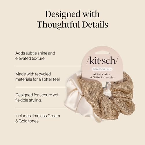 Image of Kitsch Metallic Mesh & Satin Scrunchies For Women - Recycled Fabric Hair Ties for Secure Hold, Comfortable Wear | Softer Than Silk Scrunchies For All Hair Types - Cream & Gold, 2pcs