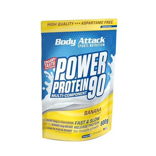 Body Attack POWER PROTEIN 90 - Banana - 500g Beutel - Mehrkomponenten Protein Pulver, Made in Germany - Mit BCAA, Vitaminen & L-Carnitin - Protein Shake extra cremiger Geschmack, gute Löslichkeit