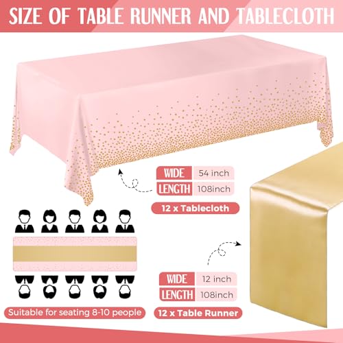 Image of Breling 24 Pack Pink and Gold Disposable Plastic Tablecloths and Satin Table Runner Set, 54 x 108 Inch Tablecloth, 12 x 108 Inch Table Runners for Wedding Graduation Birthday Baby Shower