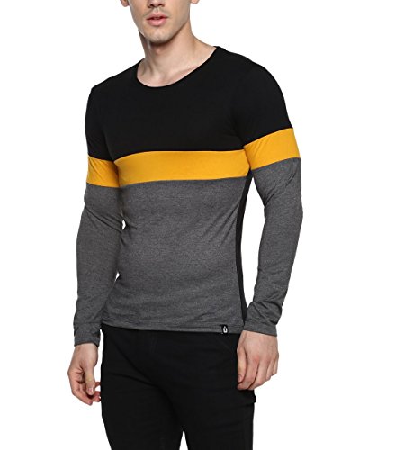 Image of Urbano Fashion Men's Black, Yellow, Grey Round Neck Full Sleeve Cotton T-Shirt