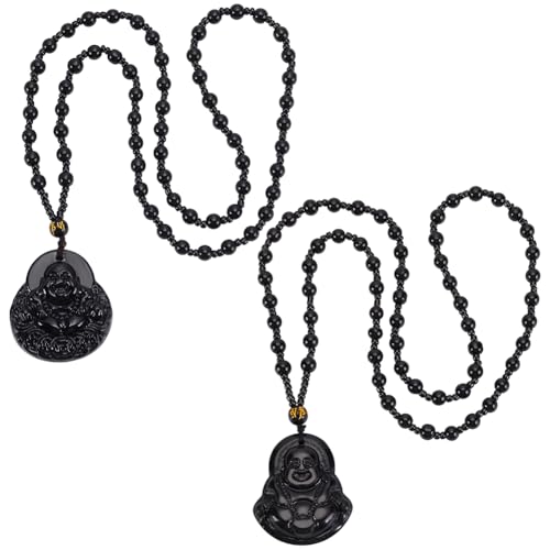 UNICRAFTALE 2 Pièces 2 Styles Pendentif Bouddha Rieur Collier Perles Bouddha Chaîne Obsidienne Noire Guanyin Cristal Cordons Pierres Porte Bonheur Bijoux...