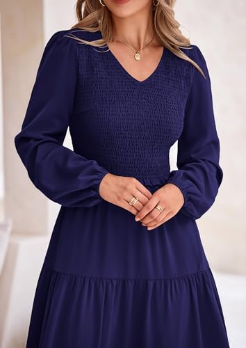 Image of PRETTYGARDEN Fall Dresses for Women 2025 Casual Long Sleeve V Neck Smocked A Line Long Flowy Wedding Guest Dress (Navy,Medium)