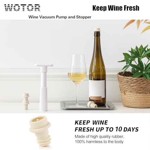Image of WOTOR Wine Saver Vacuum Pump with 8 Stoppers, Wine Stopper & Preserver, Reusable Bottle Sealer Keeps Fresh, Ideal Accessories Gift, Flat Handle (White)