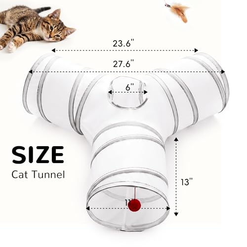 Image of Tempcore Cat Tunnel for Indoor Cats, 3 Way Collapsible Pet Play Tunnel with Teaser Wand, Peek Holes & Hanging Ball, Interactive Tube for Kittens & Rabbits, White & Light Grey
