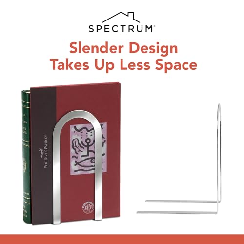 Image of Spectrum Elements Large Modern Bookends for Heavy & Light Books Cookbooks Records, Decorative Book Ends for Shelves and Desk Sturdy Metal Book Stopper for Bookshelf Organization, Chrome