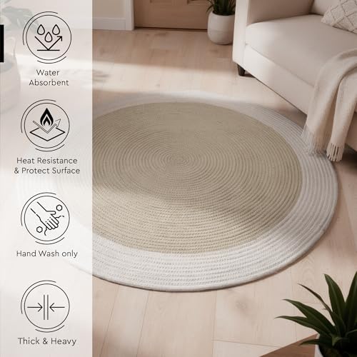 Image of Encasa XO Handmade Round Crochet Rug 2-Tone Circular Cotton Area Rug for Nursery, Bedroom & Living Room | Boho Modern Minimalist Floor Mat Natural Reversible Rugs | Beige & Off-White-1 (180 cm) | 6 Ft