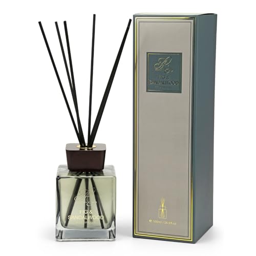 Luxury Reed Diffuser 500ml, Fig & Sandalwood Room Diffusers, Long Lasting Air Fresheners Home Fragrance, Square Glass Bottle with Black Diffuser Reeds for Home, Office, Kitchen & Bathroom